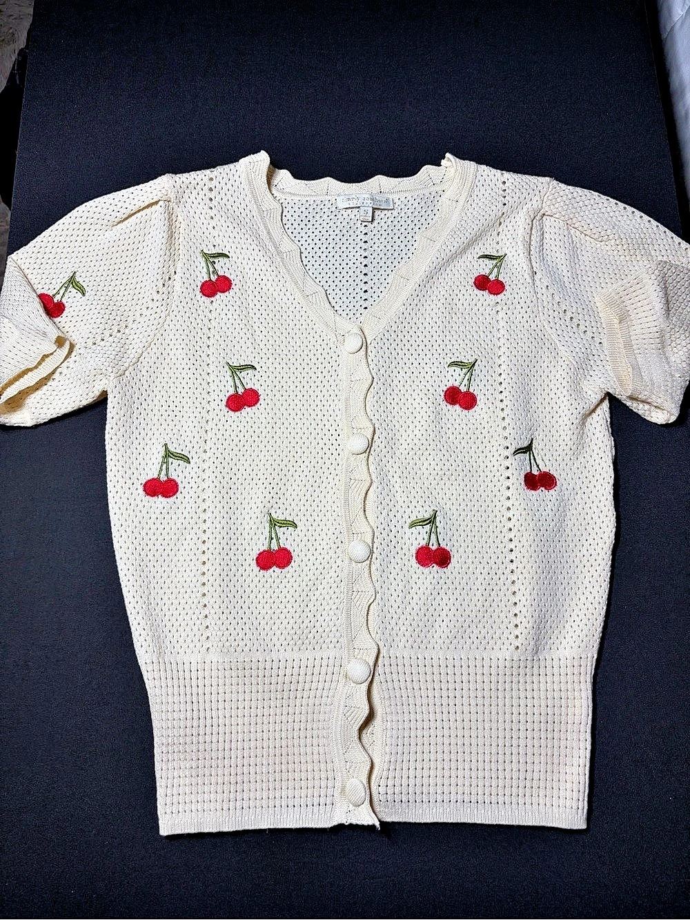 Simply Southern Collection Crochet Cherry Embroidered V-Neck Cardigan Small